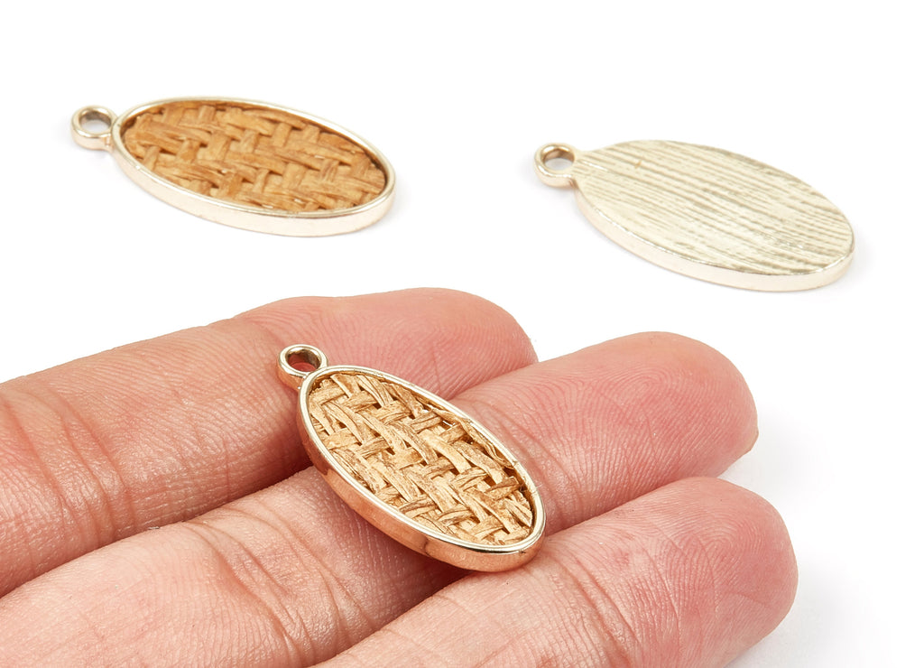 Handwoven Oval Rattan Charms - Alloy Oval Earrings and Pendant - Handwoven Alloy Earrings - Gold Tone Plated - 30.24x14.34x2.47mm - RT1265 - DOMEDBAZAAR