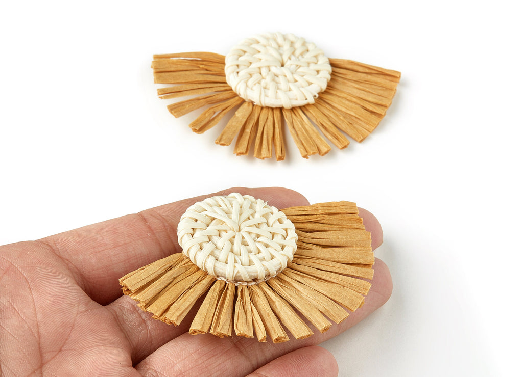 Handwoven Rattan with Raffia Tassels Charms - Round Earrings and Pendant With Fan Tassels - Woven Earrings - 46.2x60x6mm - RT1153 - DOMEDBAZAAR