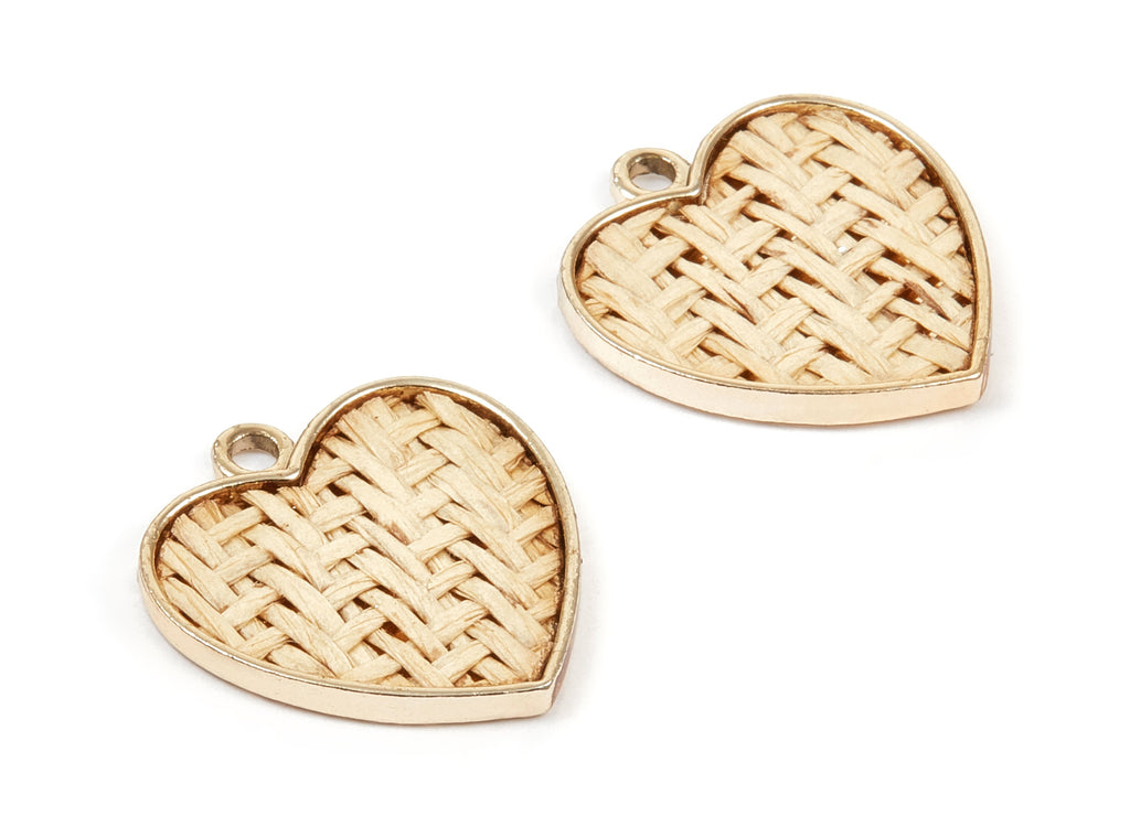 Handwoven Heart Rattan Charms - Alloy Heart Earrings and Pendant - Handwoven Alloy Earrings - Gold Tone Plated - 24.58x23.43x2.11mm - RT1273 - DOMEDBAZAAR