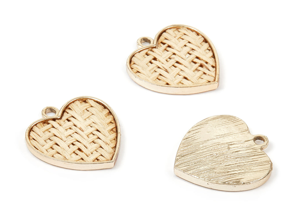 Handwoven Heart Rattan Charms - Alloy Heart Earrings and Pendant - Handwoven Alloy Earrings - Gold Tone Plated - 24.58x23.43x2.11mm - RT1273 - DOMEDBAZAAR