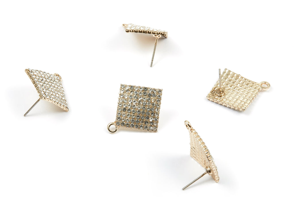 Alloy Square Earring Stud - Zinc Alloy Crystal Square Earring Post with Glass Beads - Gold Tone Plated - 24.55x21.15x1.72mm - ZZ1381 - DOMEDBAZAAR