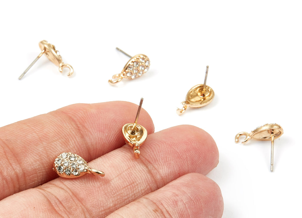Alloy Oval Earring Stud - Zinc Alloy Crystal Oval Earring Post with Glass Beads - Gold Tone Plated - 12.99x6.65x2.22mm - ZZ1358 - DOMEDBAZAAR