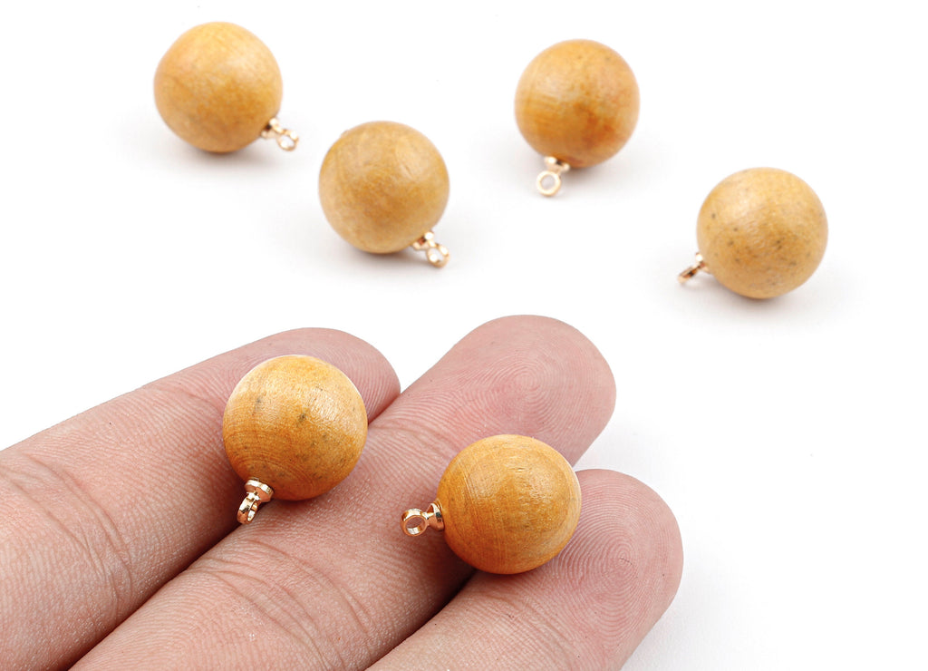 Wooden Ball Charms - Wooden Ball Pendant - Natural Wood Ball Earring Pendant - Wooden Beads with Alloy - 16.61x13.69mm - BB1081 - DOMEDBAZAAR