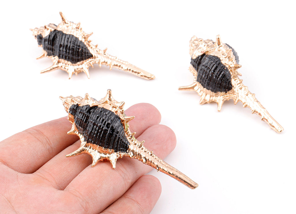 Cone Shell Charms - Whelk Seashell Pendant - Gold Tone Plated Earrings - Natural Seashell - 1 Hole - 60.76x32.84x25.86mm - SF1124E - DOMEDBAZAAR