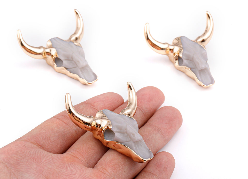 Resin Bull Charms - Buffalo Cattle Skull Pendant - Resin Horn Cattle - Bull Head Druzy - 47x44.57x13.15mm - RC1019D - DOMEDBAZAAR