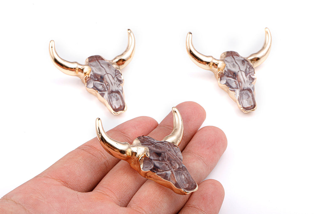 Resin Bull Charms - Buffalo Cattle Skull Pendant - Resin Horn Cattle - Bull Head Druzy - 47x44.57x13.15mm - RC1019C - DOMEDBAZAAR