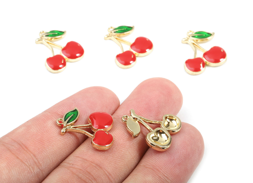 Alloy Cherry Charms - Zinc Alloy Cherry Earrings - Cherry Bracelet Pendant - Enamel Pendant - Gold Tone Plated - 18.66x16.2x3.01mm - ZZ1440 - DOMEDBAZAAR