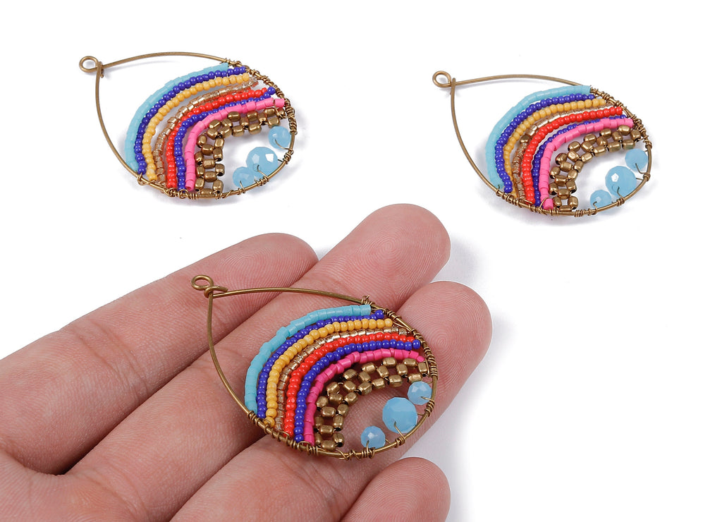Glass Beaded Drop Charms - Drop Earrings and Pendant - Handmade Glass Beaded with Brass - Japanese Seed Beads - 47.2x34.14x1.8mm - TH1056 - DOMEDBAZAAR