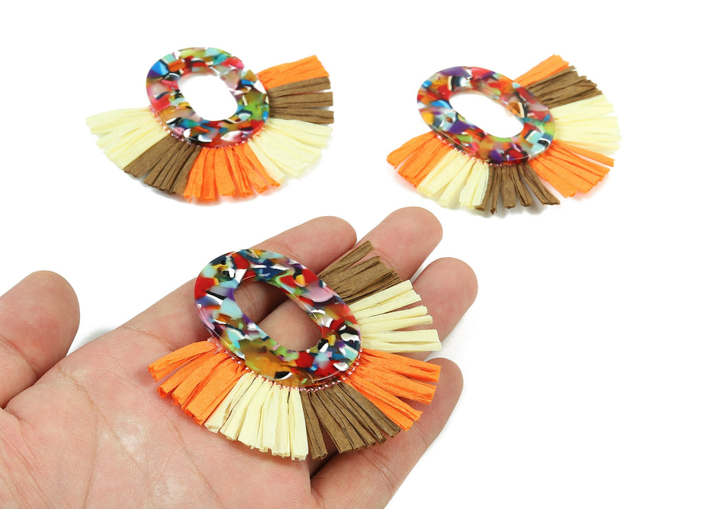Acetate Oval Raffia Tassels Charms - Earrings with Fan Tassels - Single Layer Raffia - Color Code: A21 - 74.02x67.37x4.43mm - AC1761 - DOMEDBAZAAR