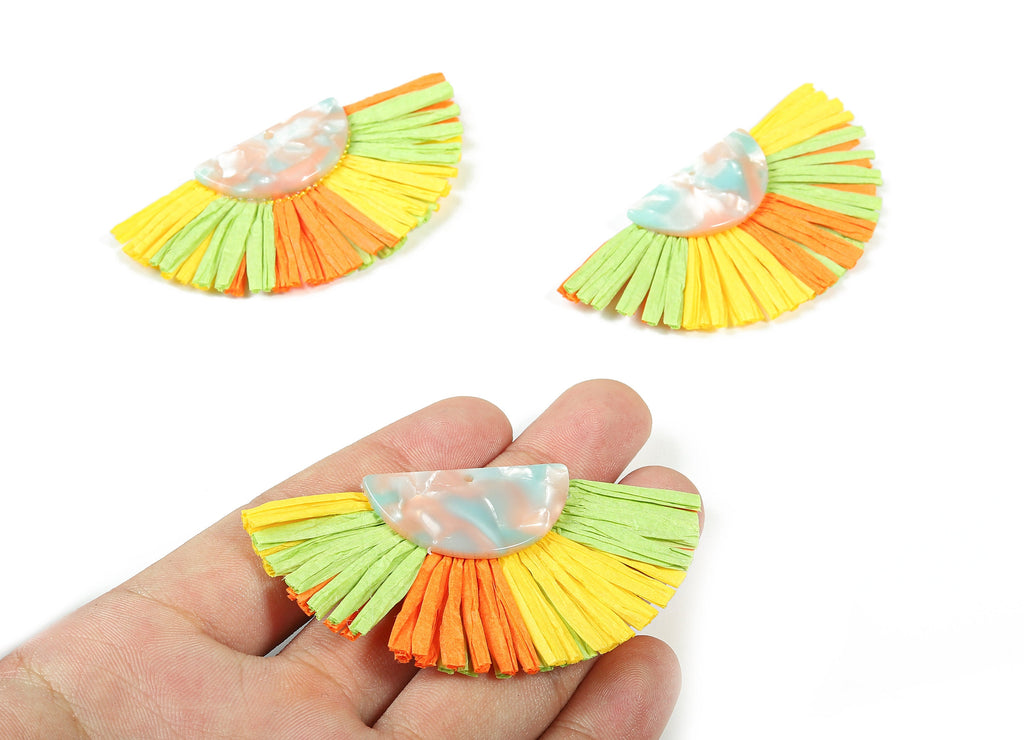 Acetate Semicircle Raffia Tassels Charms - Earrings with Fan Tassels - Double-Layer Raffia - Color Code: A97 - 74.28x39.62x5.5mm - AC1773 - DOMEDBAZAAR