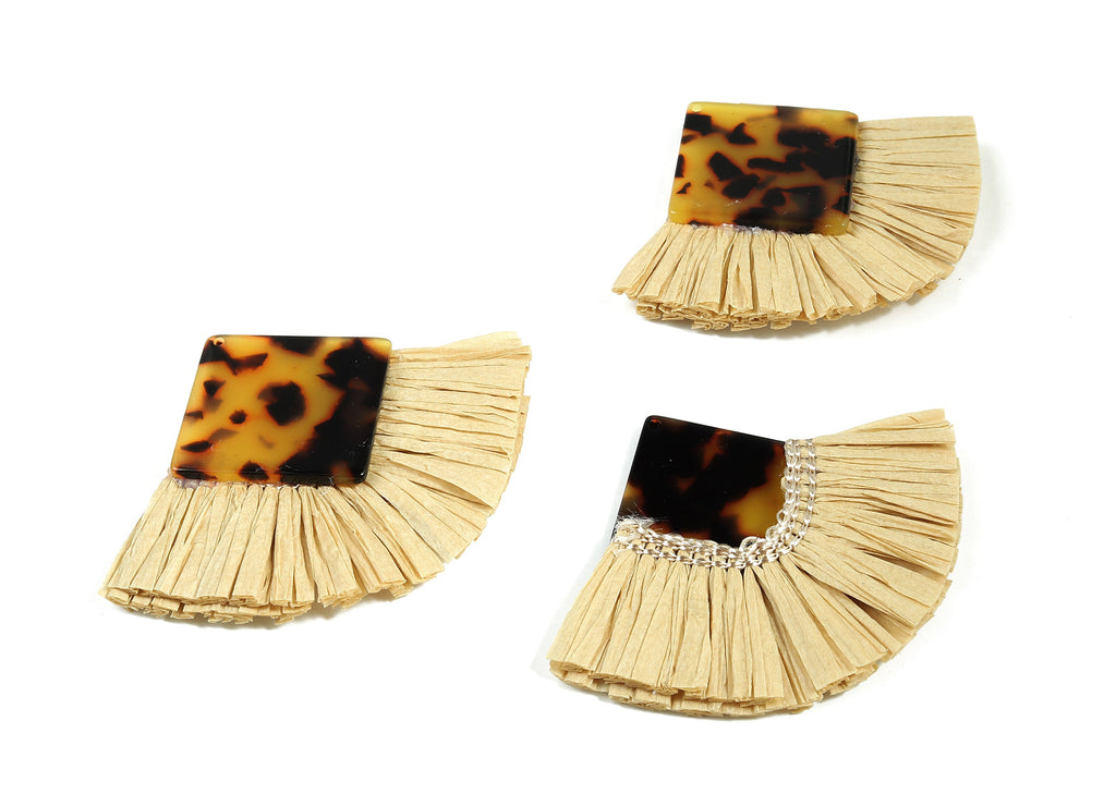Acetate Square Raffia Tassels Charms - Earrings with Fan Tassels - Double-layer raffia - Color Code: A01 - 73.5x56.54x5.28mm - AC1770 - DOMEDBAZAAR
