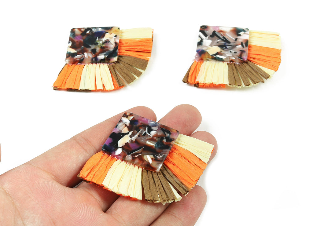 Acetate Square Raffia Tassels Charms - Earrings with Fan Tassels - Double-layer raffia - Color Code: A11 - 73.5x56.54x5.28mm - AC1767 - DOMEDBAZAAR