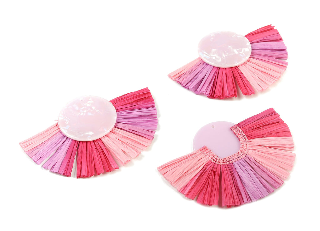 Acetate Round Raffia Tassels Charms - Earrings with Fan Tassels - Single Layer Raffia - Color Code: A393 - 85x60x4.75mm - AC1788 - DOMEDBAZAAR