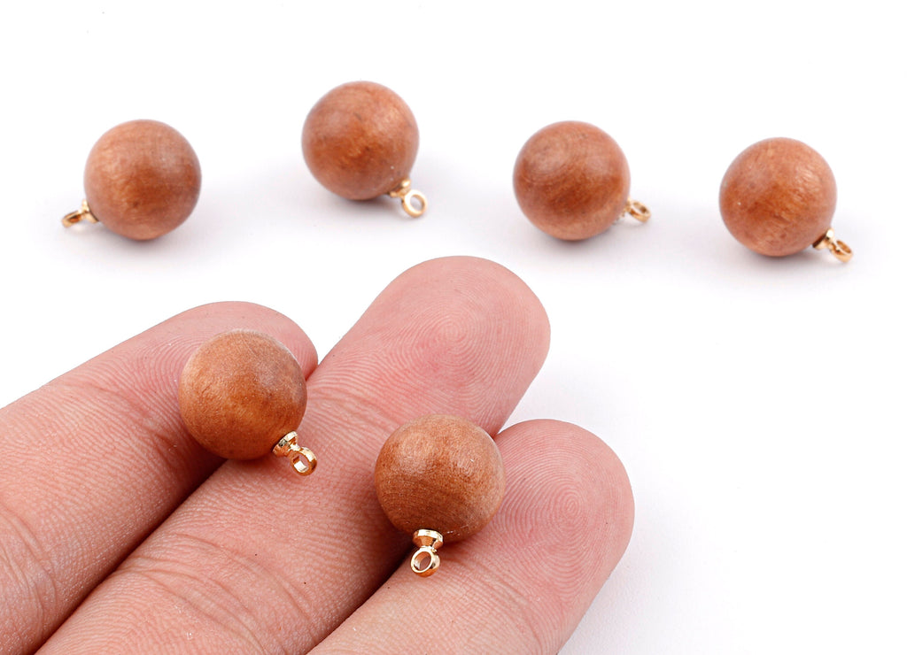 Wooden Ball Charms - Wooden Ball Pendant - Natural Wood Ball Earring Pendant - Wooden Beads with Alloy - 14.88x11.79mm - BB1073 - DOMEDBAZAAR