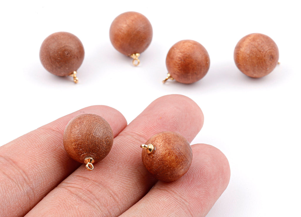 Wooden Ball Charms - Wooden Ball Pendant - Natural Wood Ball Earring Pendant - Wooden Beads with Alloy - 16.61x13.69mm - BB1080 - DOMEDBAZAAR