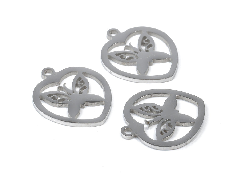Stainless Steel Butterfly Charms - Butterfly in Heart - Heart Earrings and Pendant - Bracelet Pendant - 17.48x14.97x0.93mm - SS1033 - DOMEDBAZAAR