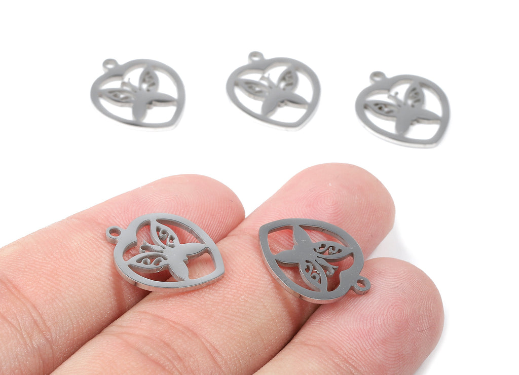 Stainless Steel Butterfly Charms - Butterfly in Heart - Heart Earrings and Pendant - Bracelet Pendant - 17.48x14.97x0.93mm - SS1033 - DOMEDBAZAAR