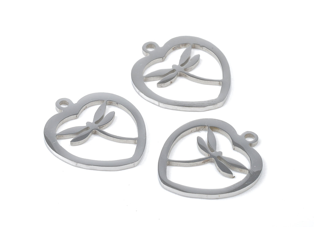 Stainless Steel Dragonfly Charms - Dragonfly in Heart - Heart Earrings and Pendant - Bracelet Pendant - 17.61x15.6x0.91mm - SS1034 - DOMEDBAZAAR