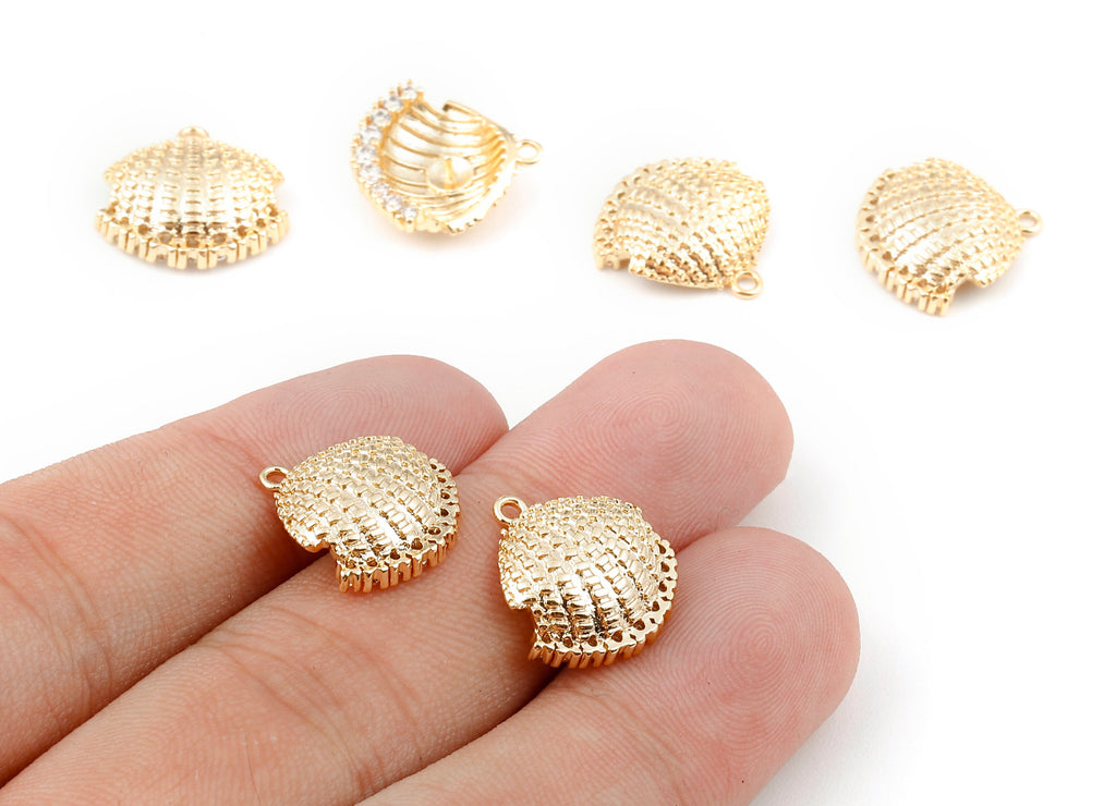 Brass Mussel Shell Charms - Zircon Shell Pendant for Pearl - 18K Real Gold Plated Brass - zircon pendant - 15.5x15.32x1.8mm - RGP1106 - DOMEDBAZAAR