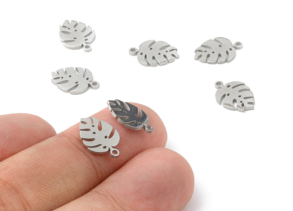 Stainless Steel Monstera Leaf Charms - Leaf Pendant - 18K Real White Gold Plated Brass - Necklace Pendant  - 12.81x8.95x0.95mm - RGP1121 - DOMEDBAZAAR