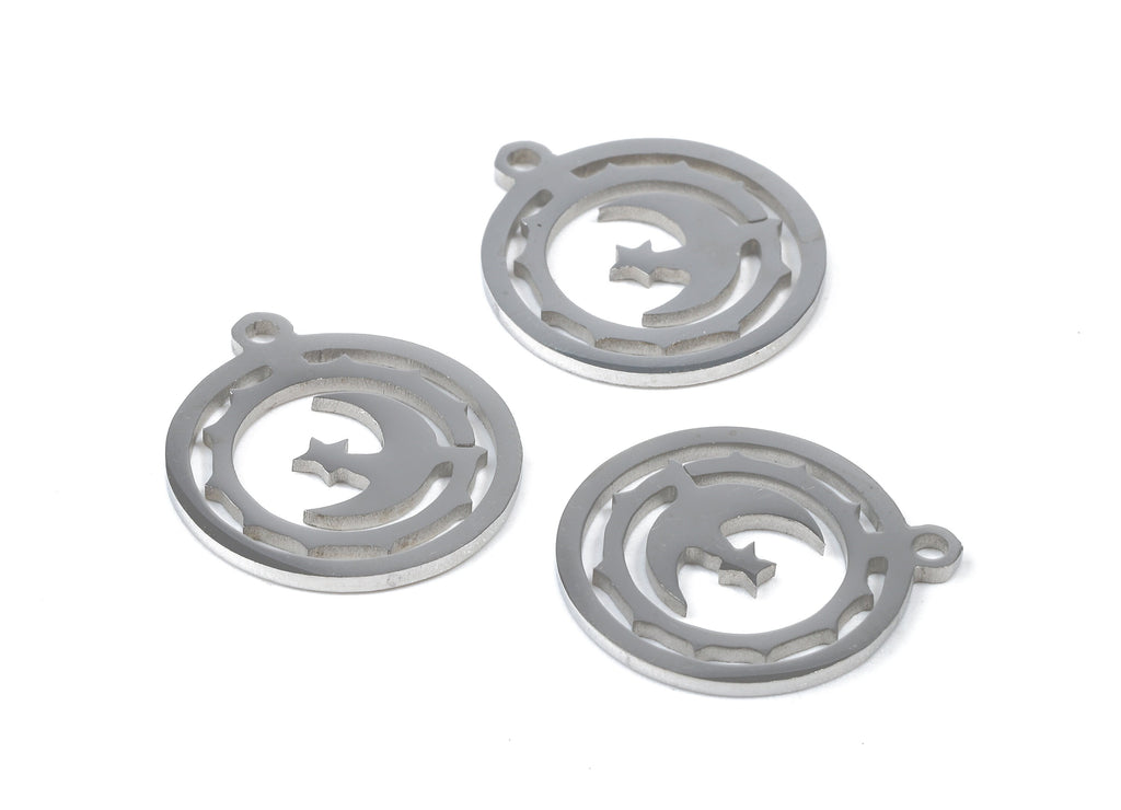 Stainless Steel Moon Charms - Moon in Circle - Circle Earrings and Pendant - Bracelet Pendant - 17.46x15.36x0.93mm - SS1040 - DOMEDBAZAAR