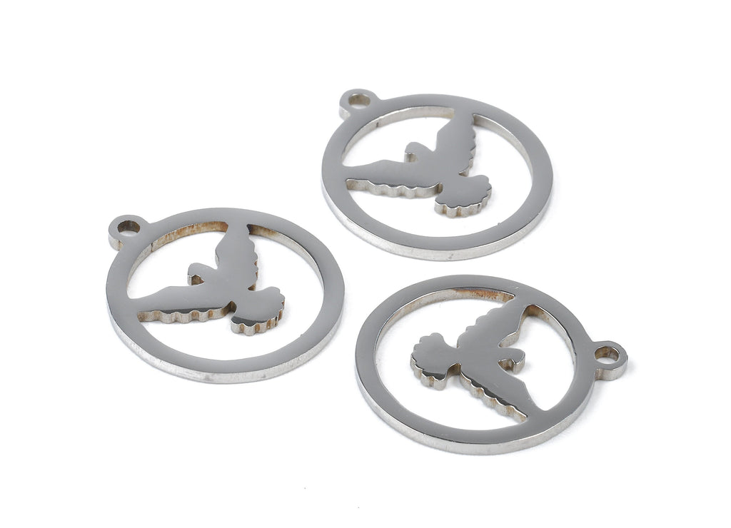 Stainless Steel Eagle Charms - Eagle in Circle - Circle Earrings and Pendant - Bracelet Pendant - 17.42x15.4x0.95mm - SS1047 - DOMEDBAZAAR