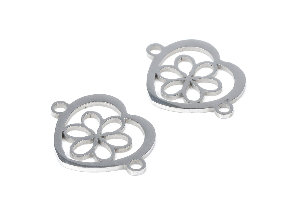 Stainless Steel Flower Connectors - Bracelet Pendant - Flower in Heart - Heart Earrings and Pendant - 19.37x15.7x1.13mm - SS1086 - DOMEDBAZAAR