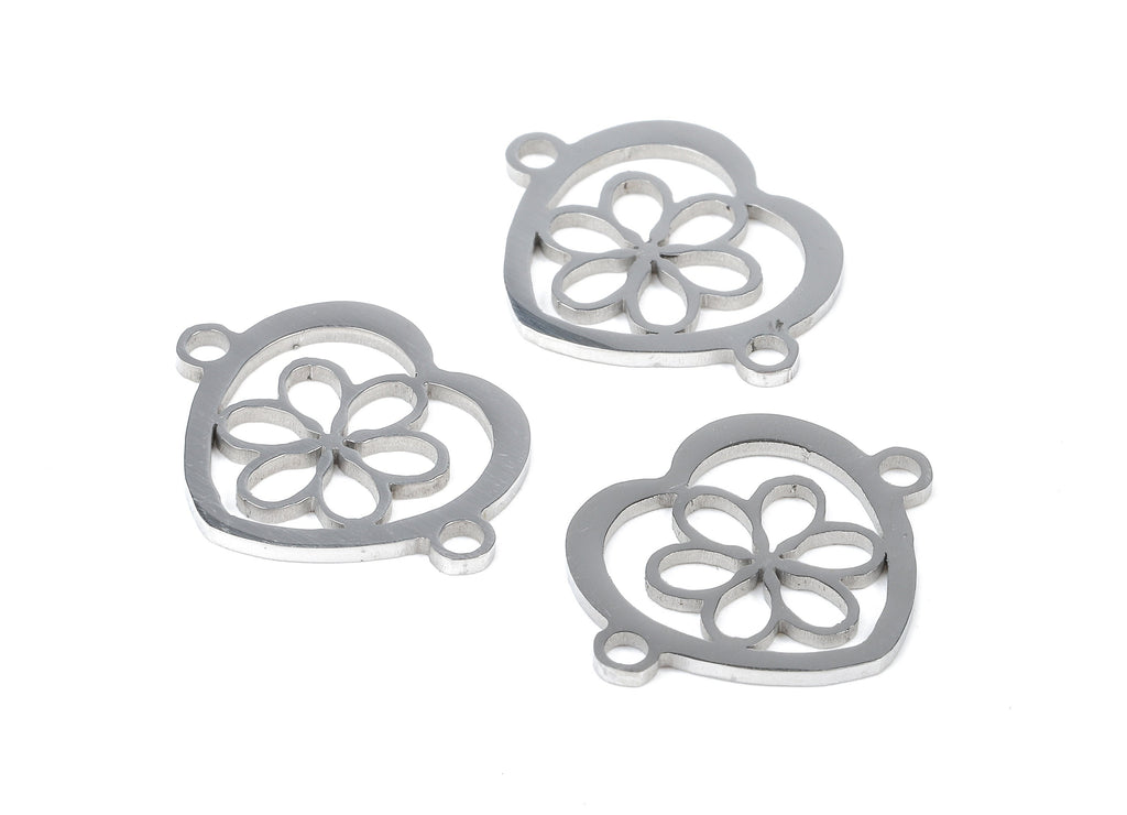 Stainless Steel Flower Connectors - Bracelet Pendant - Flower in Heart - Heart Earrings and Pendant - 19.37x15.7x1.13mm - SS1086 - DOMEDBAZAAR