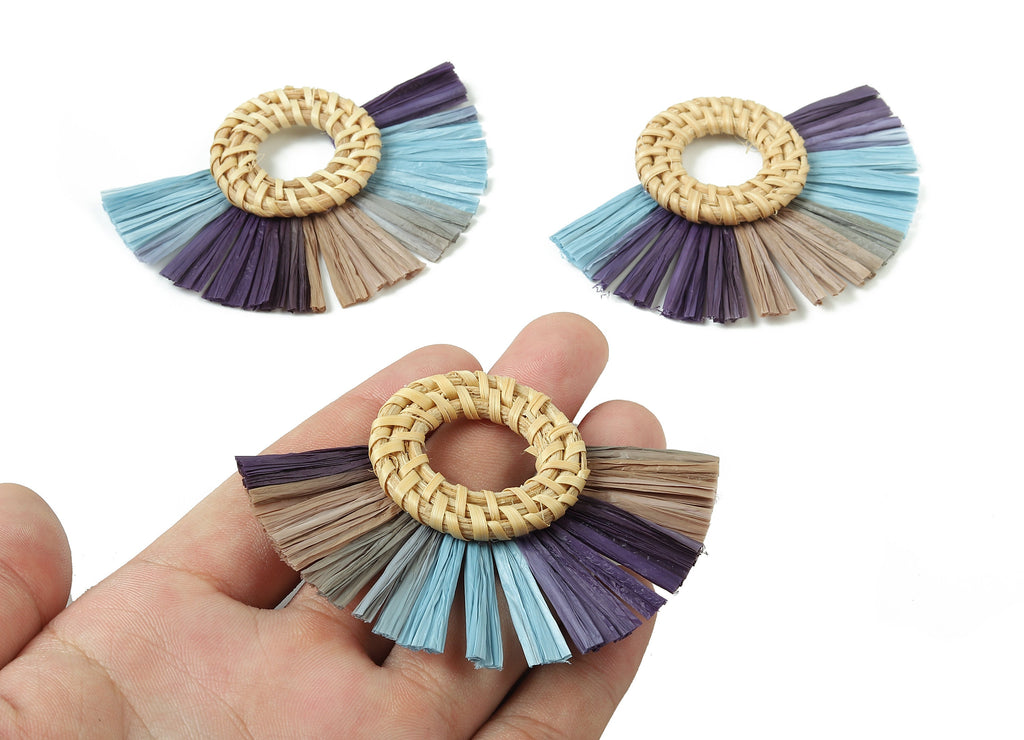 Rattan Raffia Tassel Round Charms - Circle Earrings with Fan Tassels - Handmade Rattan - Woven Earrings - 75.58x56.04x6.11mm - RT1344 - DOMEDBAZAAR