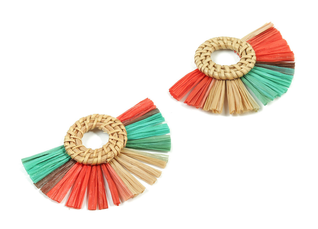 Rattan Raffia Tassel Round Charms - Circle Earrings with Fan Tassels - Handmade Rattan - Woven Earrings - 75.58x56.04x6.11mm - RT1345 - DOMEDBAZAAR