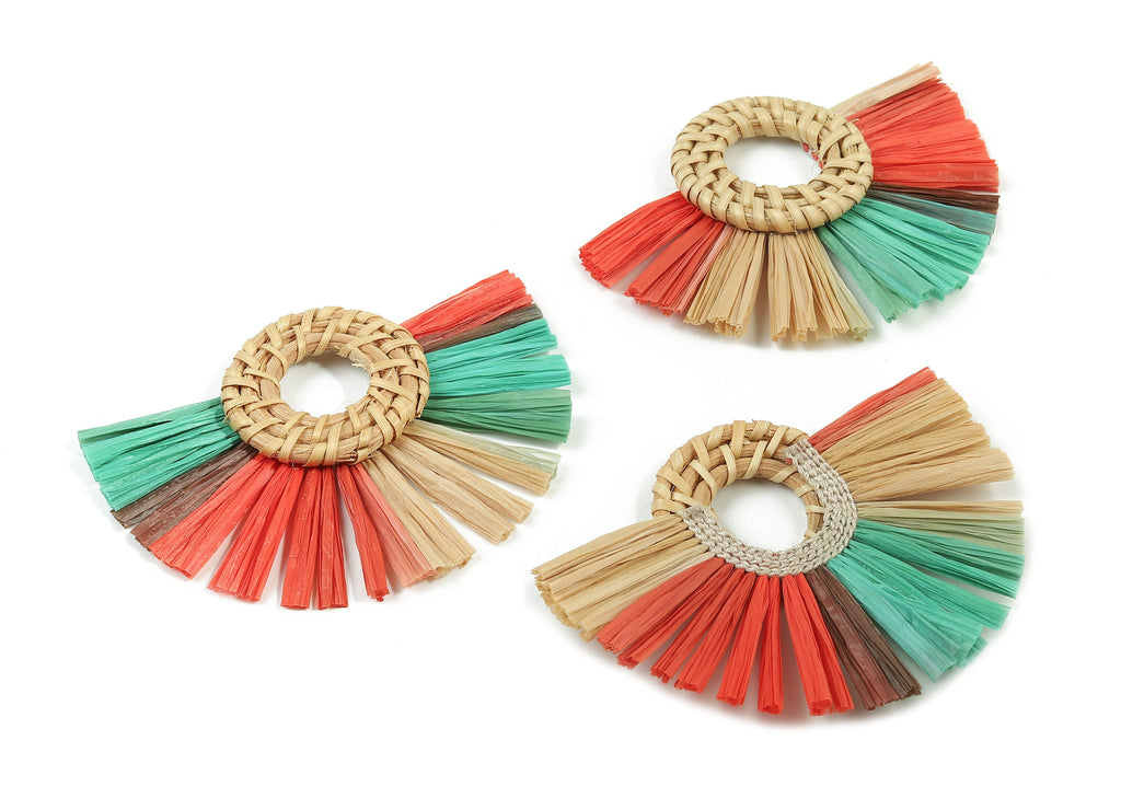 Rattan Raffia Tassel Round Charms - Circle Earrings with Fan Tassels - Handmade Rattan - Woven Earrings - 75.58x56.04x6.11mm - RT1345 - DOMEDBAZAAR