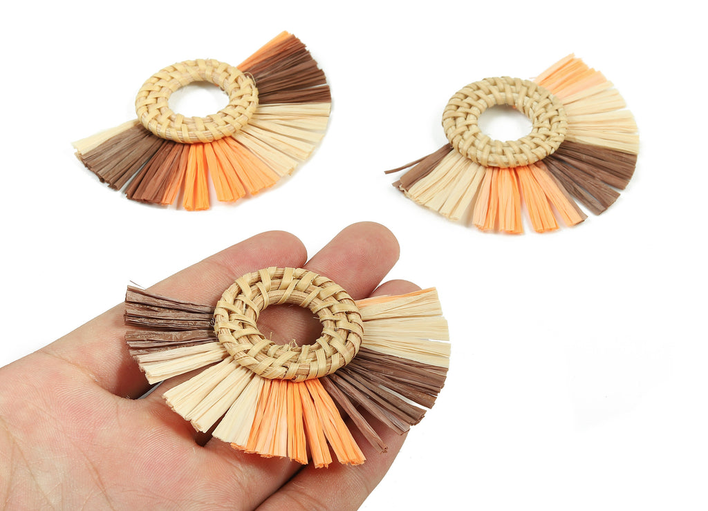 Rattan Raffia Tassel Round Charms - Circle Earrings with Fan Tassels - Handmade Rattan - Woven Earrings - 75.58x56.04x6.11mm - RT1346 - DOMEDBAZAAR