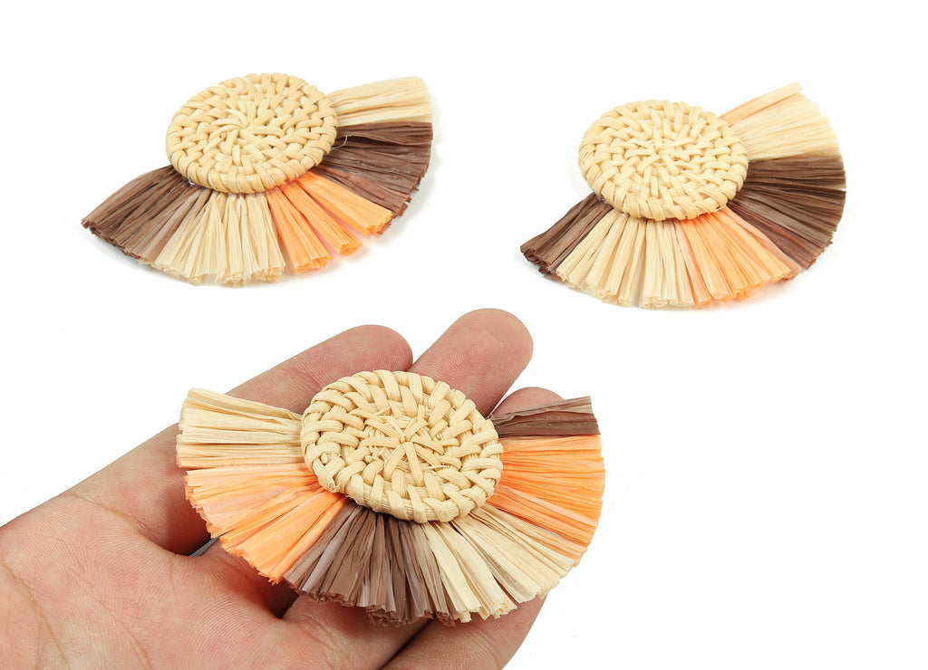 Rattan Raffia Tassel Round Charms - Circle Earrings with Fan Tassels - Handmade Rattan - Woven Earrings - 80.38x57.23x7.17mm - RT1347 - DOMEDBAZAAR