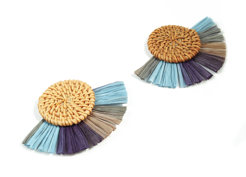 Rattan Raffia Tassel Round Charms - Circle Earrings with Fan Tassels - Handmade Rattan - Woven Earrings - 82.9x60.58x6.72mm - RT1338 - DOMEDBAZAAR
