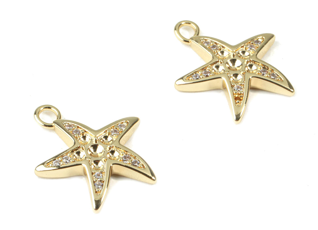 Brass Starfish Earring Charms With Glass - Brass Starfish Earring Pendant - 18k Real Gold Plating Brass - 15.45x13.44x2.11mm - RGP2281 - DOMEDBAZAAR