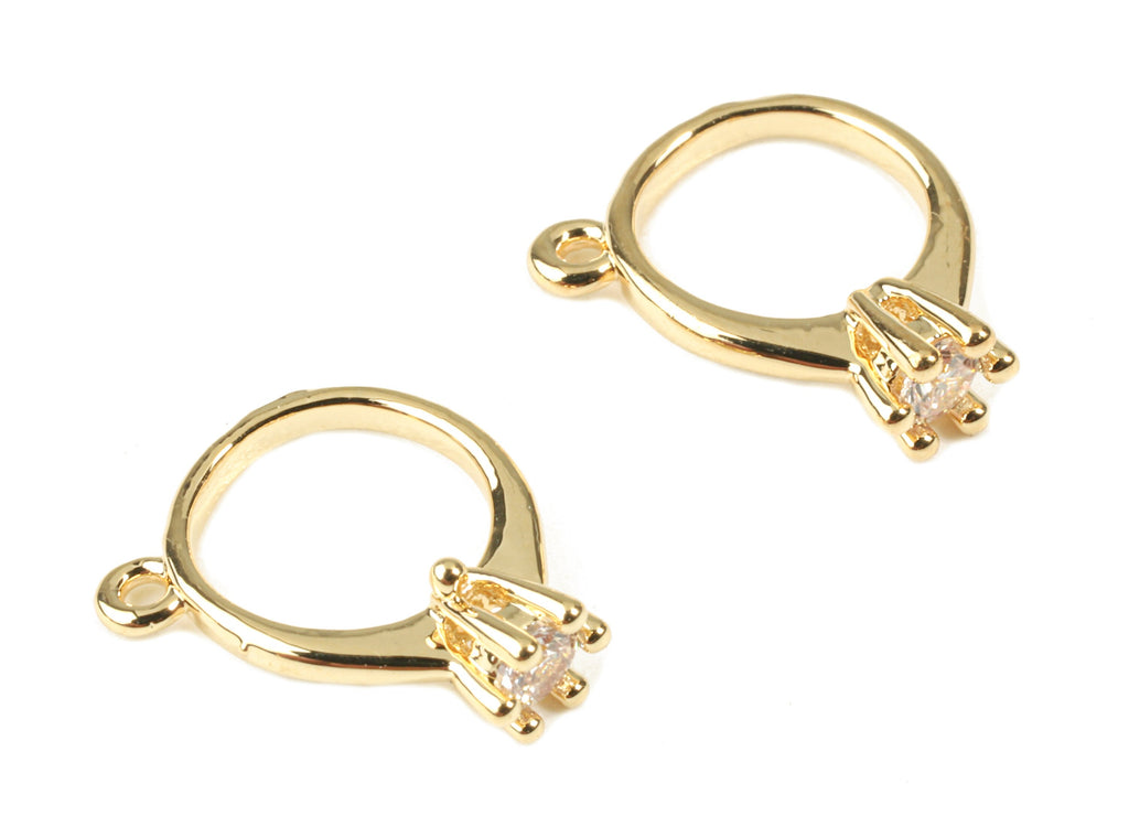 Brass Diamond Ring Charms With Glass - Brass Diamond Ring Earring Pendant - 18k Real Gold Plating Brass - 11.83x11.22x3.6mm - RGP2284 - DOMEDBAZAAR
