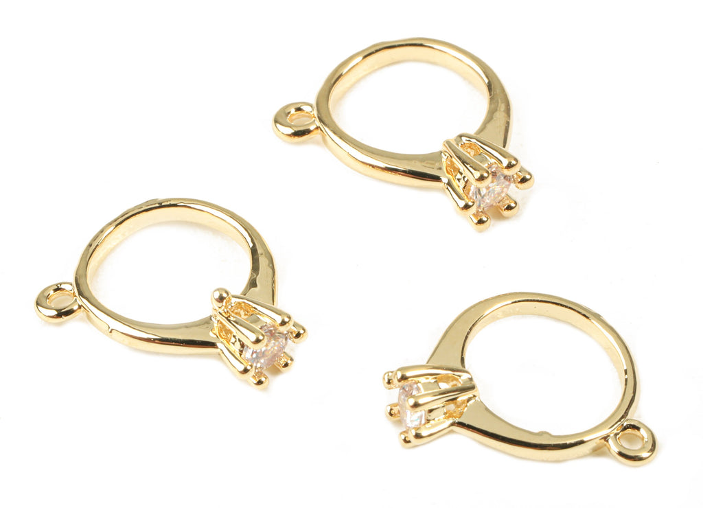Brass Diamond Ring Charms With Glass - Brass Diamond Ring Earring Pendant - 18k Real Gold Plating Brass - 11.83x11.22x3.6mm - RGP2284 - DOMEDBAZAAR