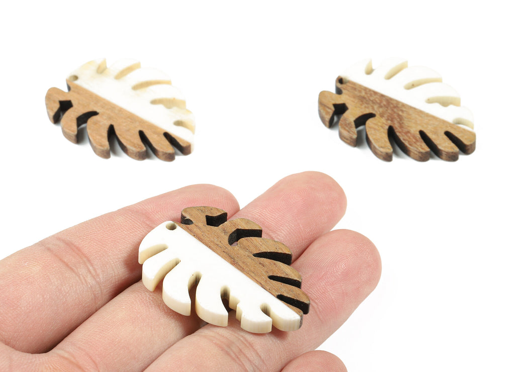 Epoxy Redwood Monstera Charm - Epoxy Resin Wood Leaf Pendant -  Redwood and Resin Necklace - Jewelry Supplies - 38.26x29.06x3.67mm - BB1095F - DOMEDBAZAAR