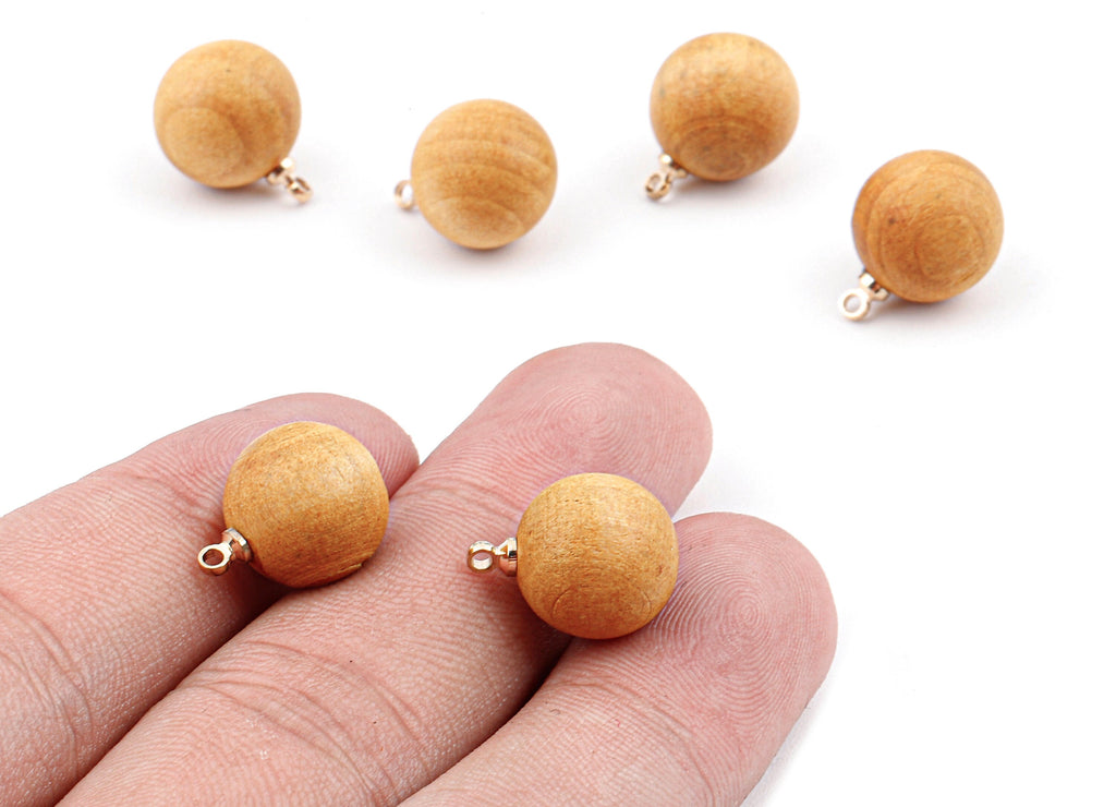 Wooden Ball Charms - Wooden Ball Pendant - Natural Wood Ball Earring Pendant - Wooden Beads with Alloy - 14.88x11.79mm - BB1074 - DOMEDBAZAAR