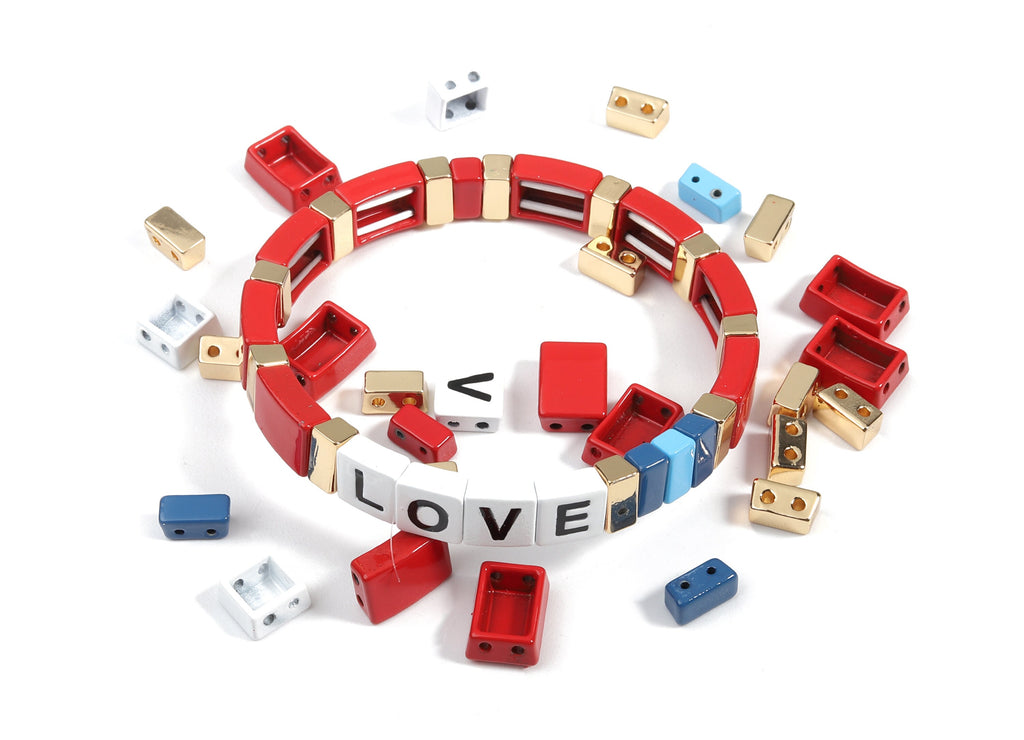 Tile Bracelet Beads Set - Enamel Rectangle Love 2 Hole Beads for Stretchy Bracelet - Tila Tile Jewellery Making - 60x8.28x4.44mm - ET1003F - DOMEDBAZAAR
