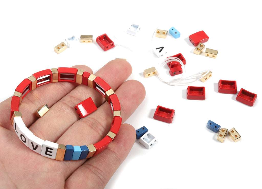 Tile Bracelet Beads Set - Enamel Rectangle Love 2 Hole Beads for Stretchy Bracelet - Tila Tile Jewellery Making - 60x8.28x4.44mm - ET1003F - DOMEDBAZAAR