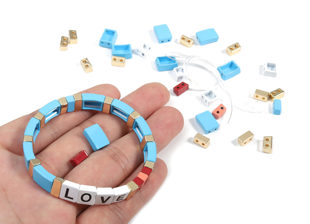 Tile Bracelet Beads Set - Enamel Rectangle Love 2 Hole Beads for Stretchy Bracelet - Tila Tile Jewellery Making - 60x8.28x4.44mm - ET1003K - DOMEDBAZAAR