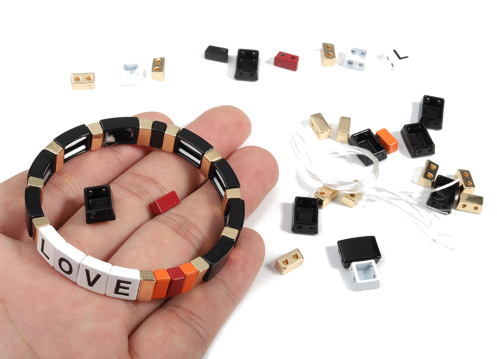 Tile Bracelet Beads Set - Enamel Rectangle Love 2 Hole Beads for Stretchy Bracelet - Tila Tile Jewellery Making - 60x8.28x4.44mm - ET1003G - DOMEDBAZAAR