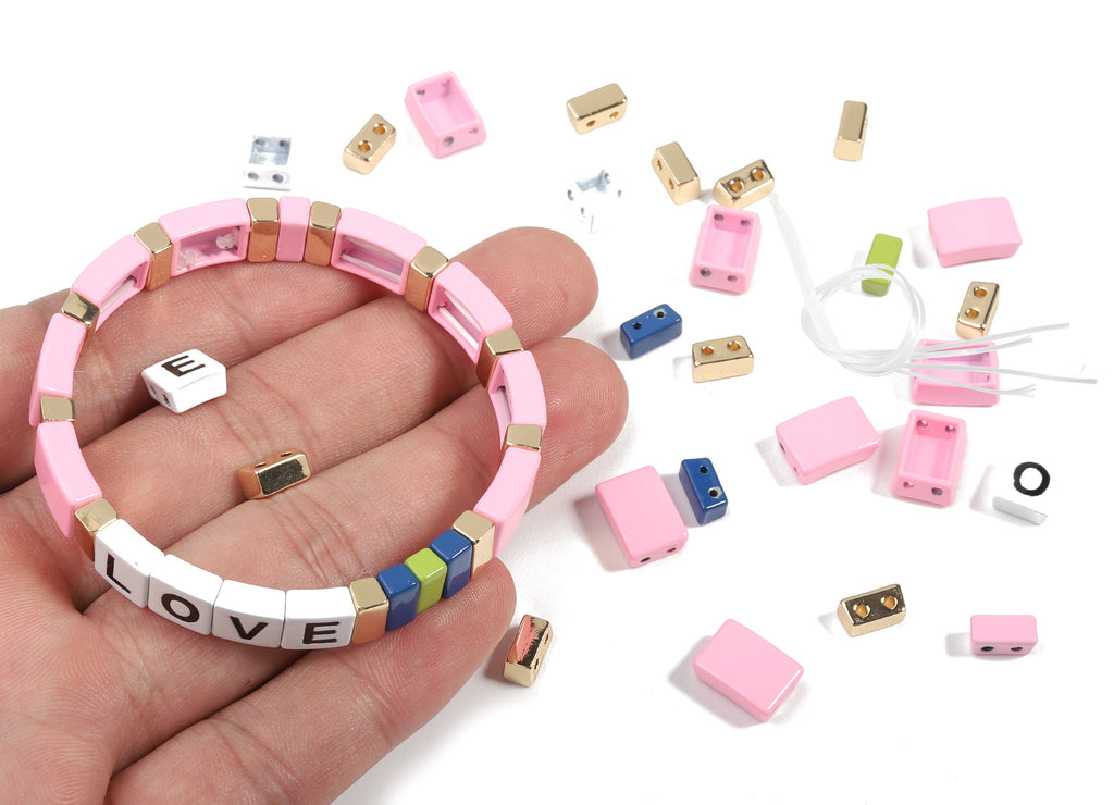 Tile Bracelet Beads Set - Enamel Rectangle Love 2 Hole Beads for Stretchy Bracelet - Tila Tile Jewellery Making - 60x8.28x4.44mm - ET1003A - DOMEDBAZAAR