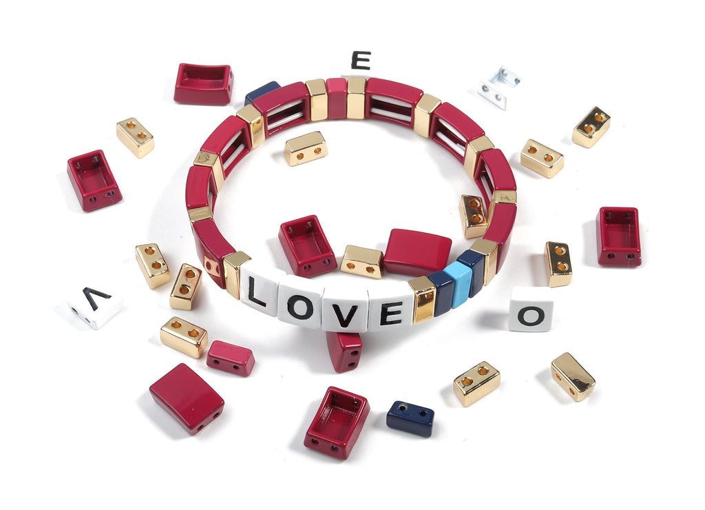 Tile Bracelet Beads Set - Enamel Rectangle Love 2 Hole Beads for Stretchy Bracelet - Tila Tile Jewellery Making - 60x8.28x4.44mm - ET1003B - DOMEDBAZAAR
