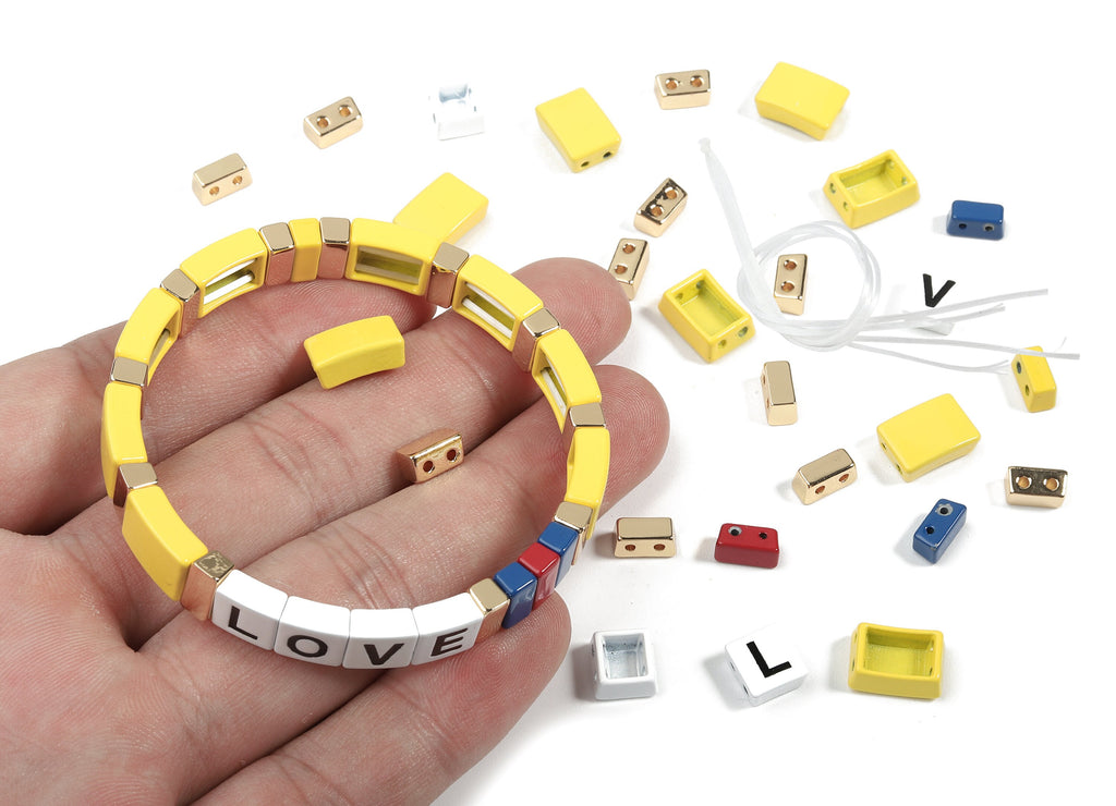 Tile Bracelet Beads Set - Enamel Rectangle Love 2 Hole Beads for Stretchy Bracelet - Tila Tile Jewellery Making - 60x8.28x4.44mm - ET1003H - DOMEDBAZAAR