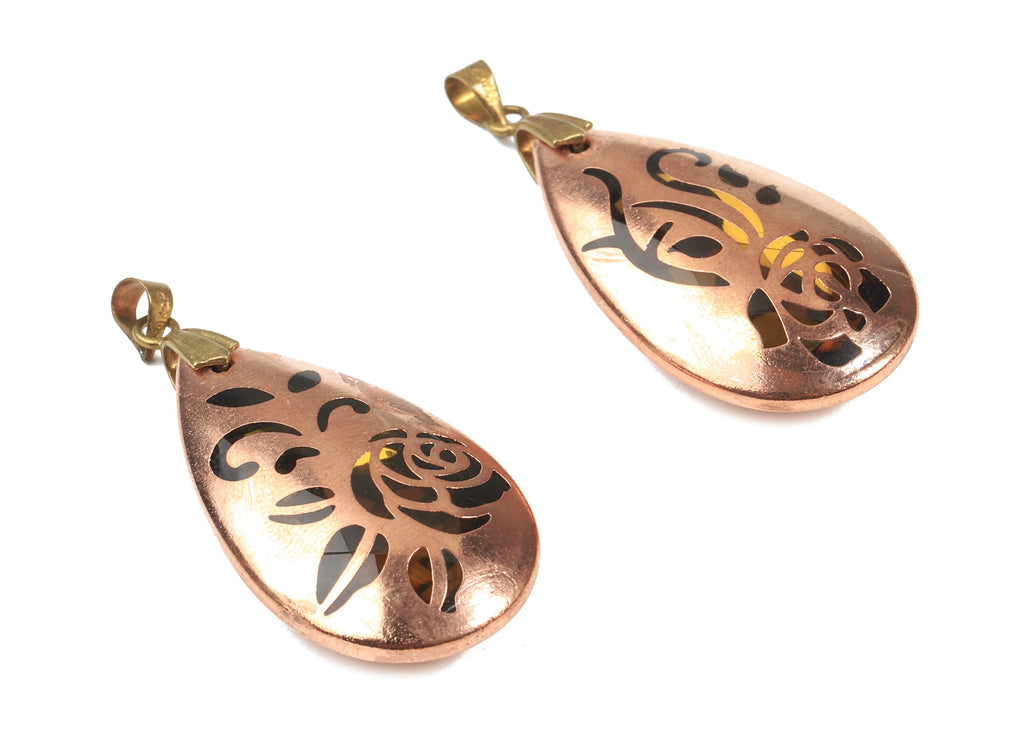 Glass Drop Charms - Copper Finished Glass Rose Pendant - Copper And Glass Charms - Jewelry Supplies - 47.16 x20.96x8.98mm - GS1026 - DOMEDBAZAAR