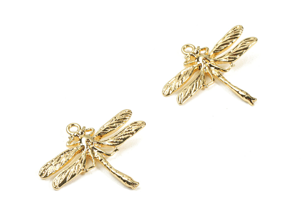 Brass Dragonfly Earring Charms - Brass Dragonfly Earring Pendant - 18K Real Gold Plating Brass - 24.9x21.75x2.87mm - RGP2323 - DOMEDBAZAAR