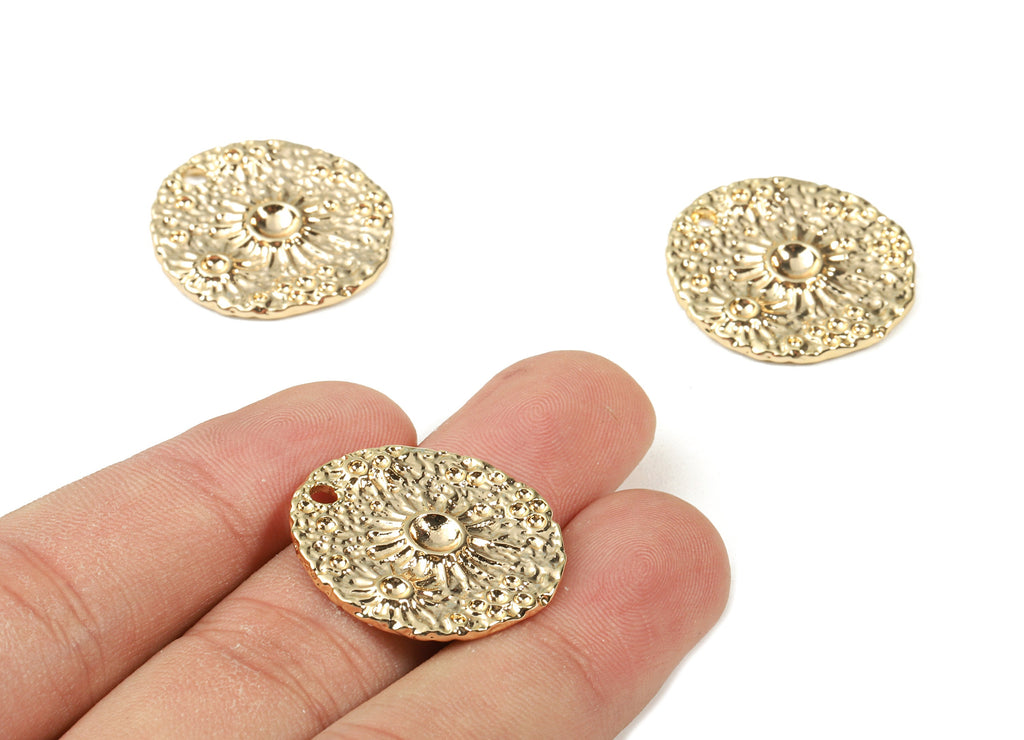 Brass Round Earring Charms - Brass Hammered Round Earring Pendant - 18K Real Gold Plating Brass - 25.2x23.36x1.81mm - RGP2335 - DOMEDBAZAAR