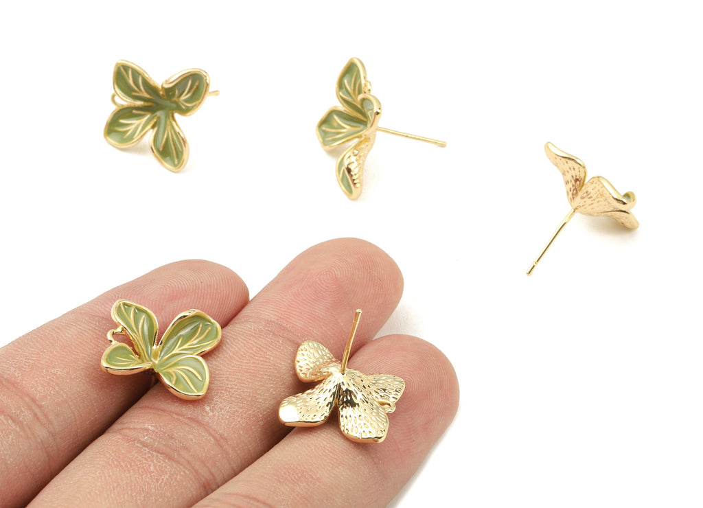Brass Enamel Flower Earring Stud - Brass Green Enamel Earring Post - 18K Real Gold Plated Brass - Jewelry Supplies - 16.3x16.3x2mm - RGP2333 - DOMEDBAZAAR